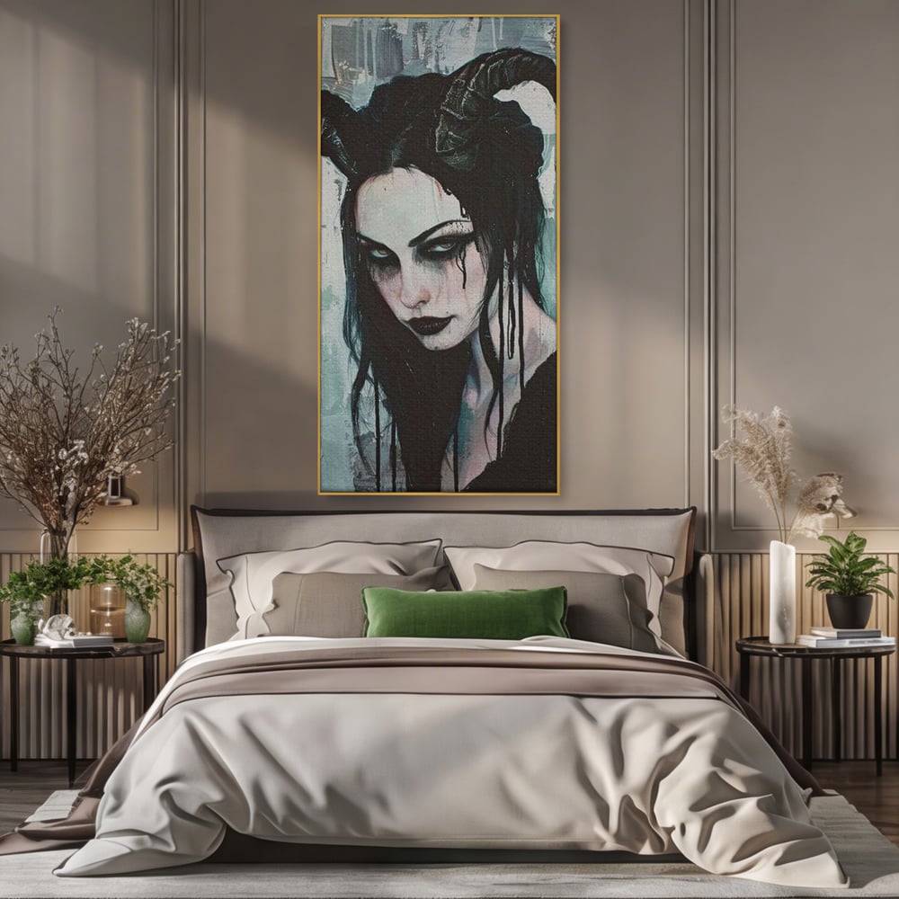 Tablou canvas cu tablou canvas cu portret gotic feminin, in rama de aluminiu auriu, pe perete intr-un dormitor